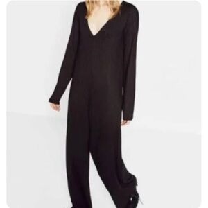 Zara Trafalac Ribbed Long Sleeve Black Jumpsuit Size L Goth Wide Leg Stretchy